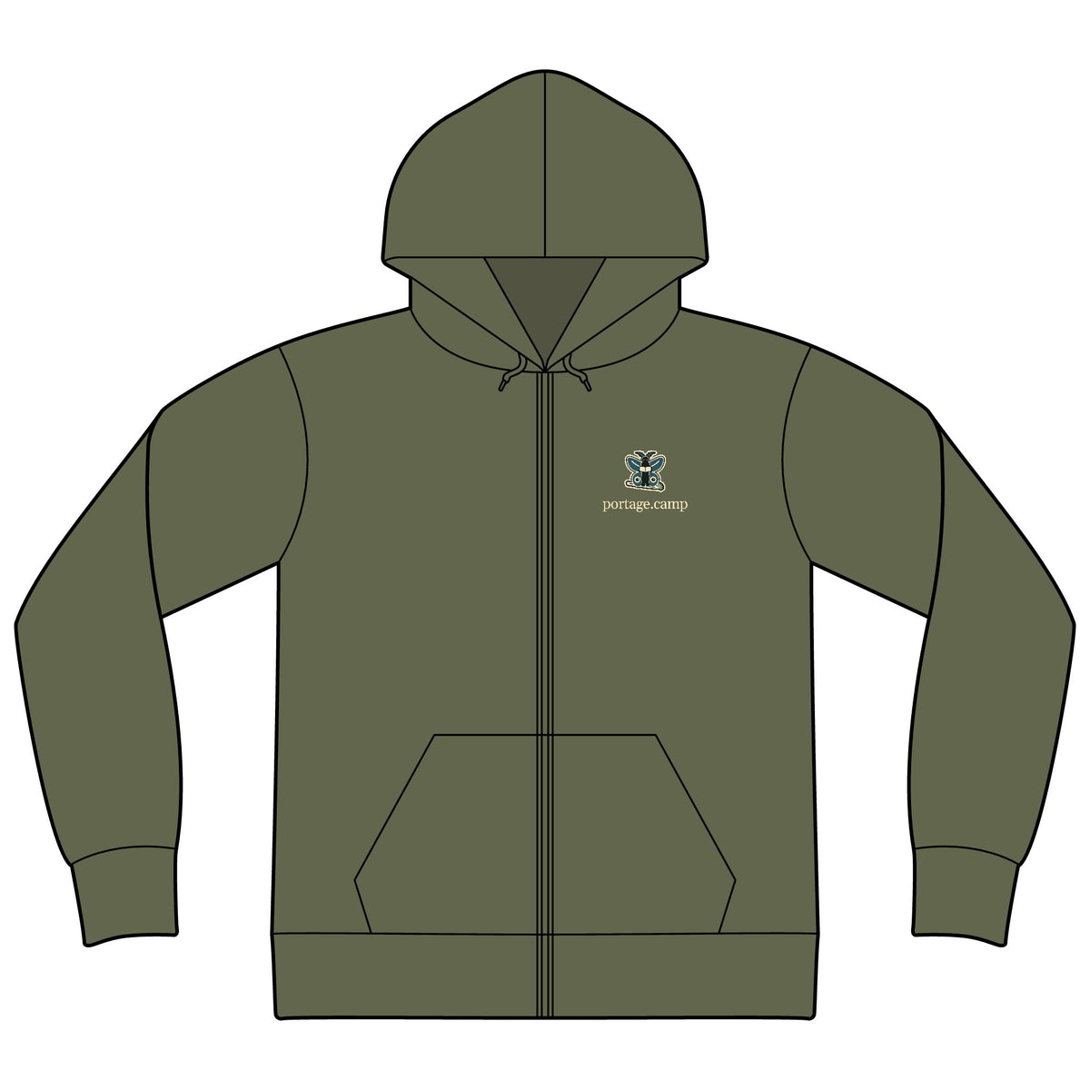 Night Library Zip Hoodie in Military Green, front view with the Night Library logo and portage.camp on the left chest. Digital product mockup.