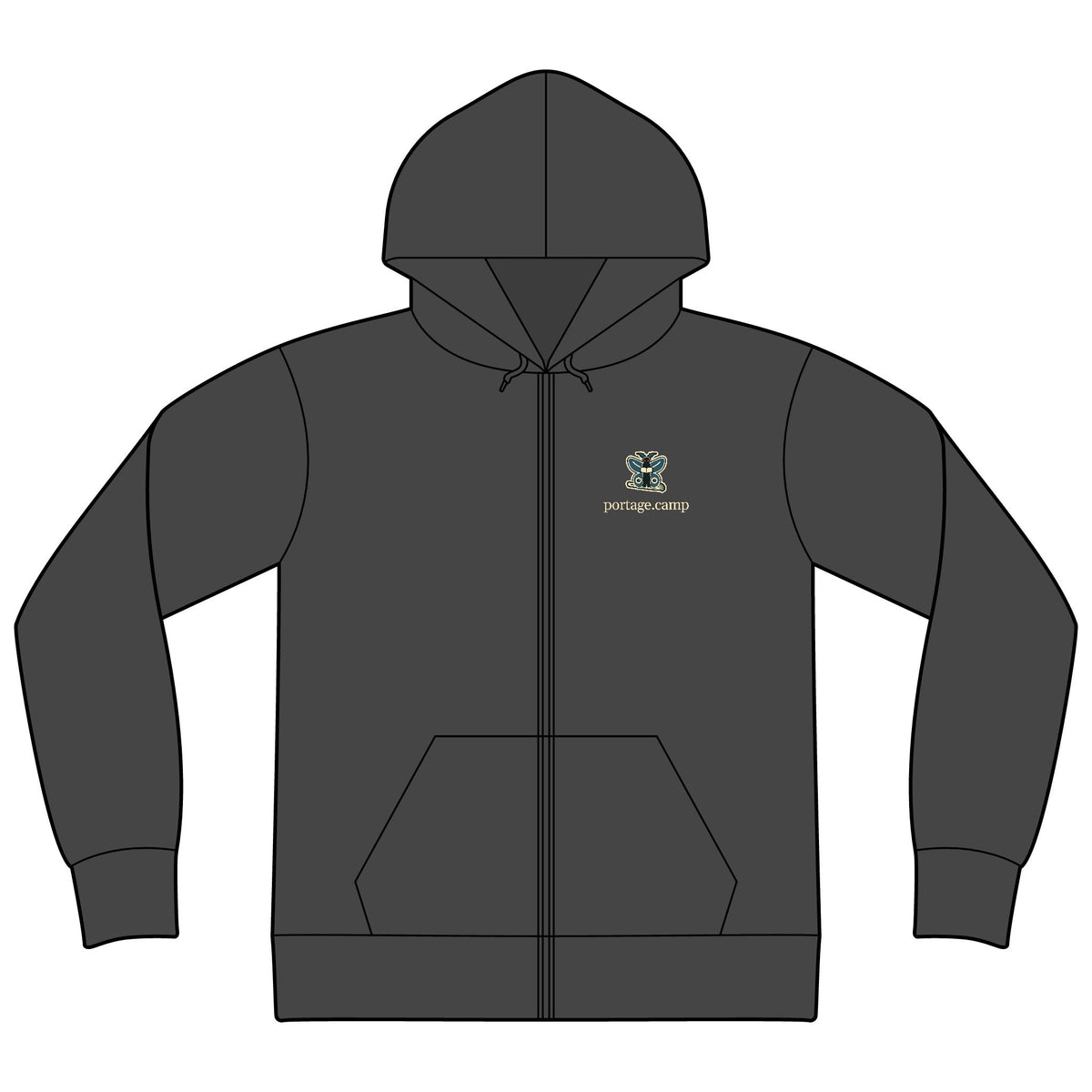 Night Library Zip Hoodie in Dark Heather, front view with the Night Library logo and portage.camp on the left chest. Digital product mockup.