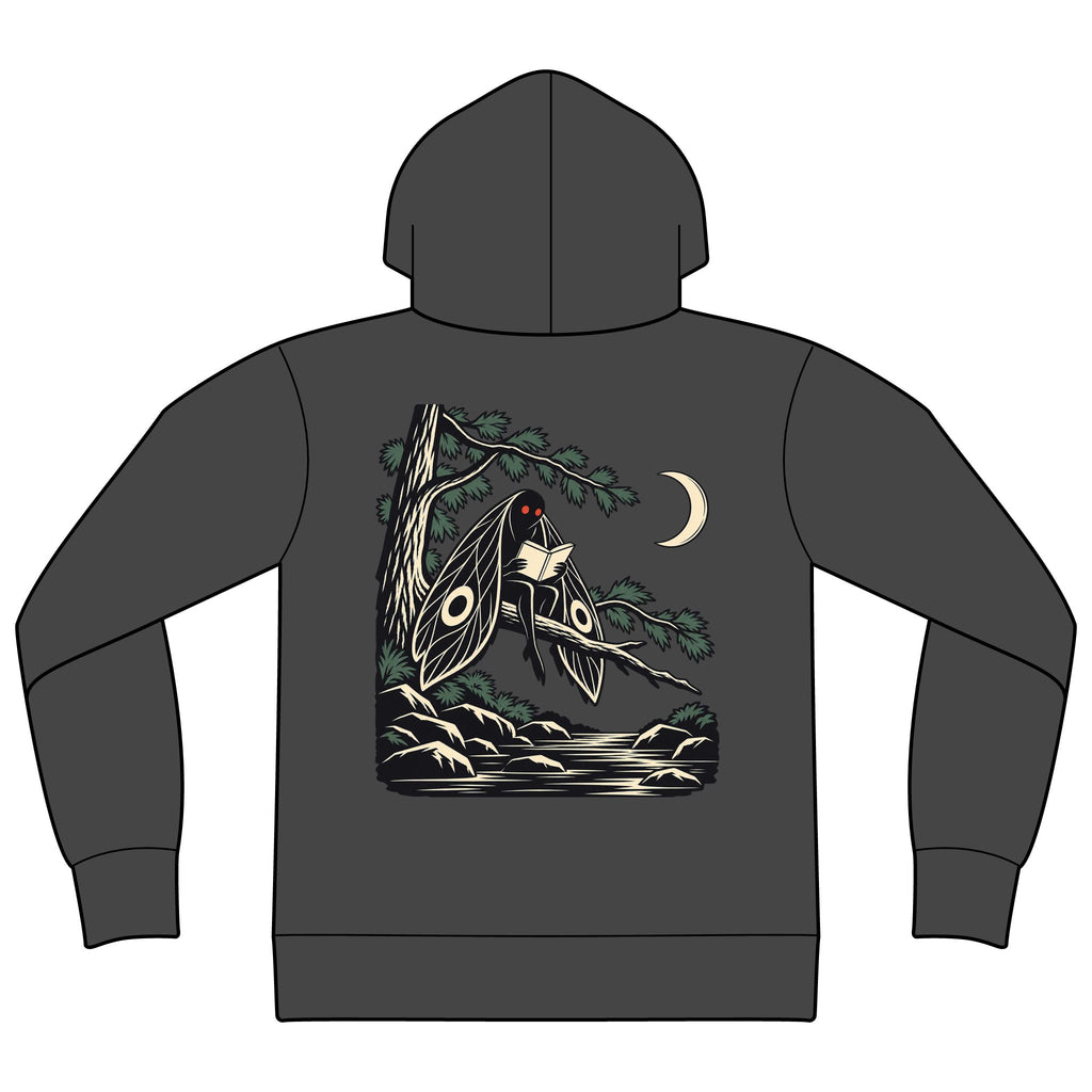 Night Library Zip Hoodie in Dark Heather, back view with the large illustrated print. Digital product mockup.