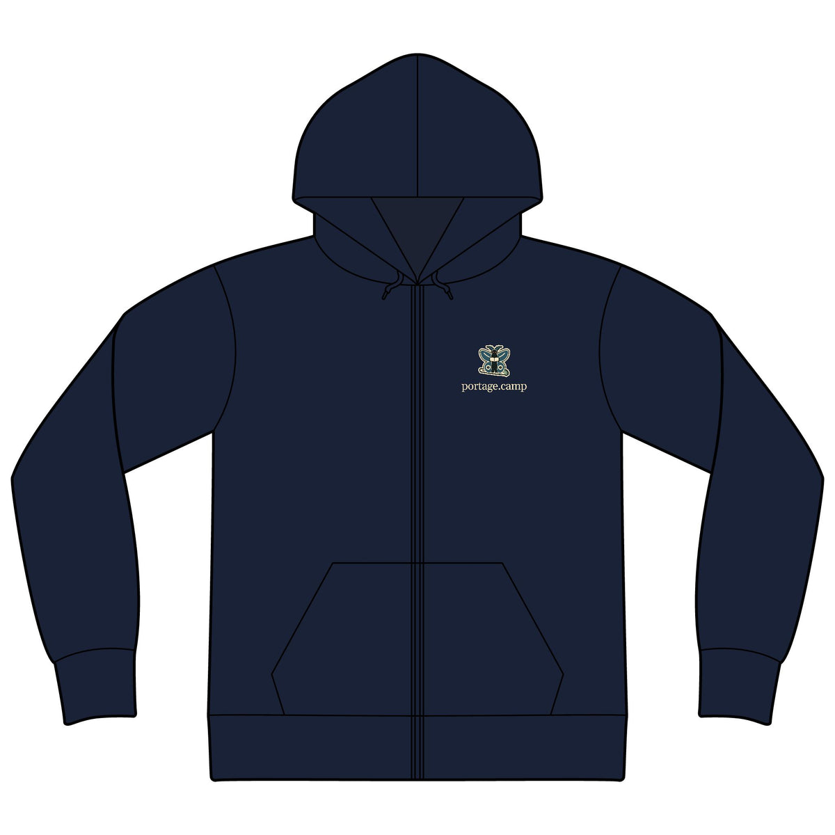 Night Library Zip Hoodie in Navy, front view with the Night Library logo and portage.camp on the left chest. Digital product mockup.