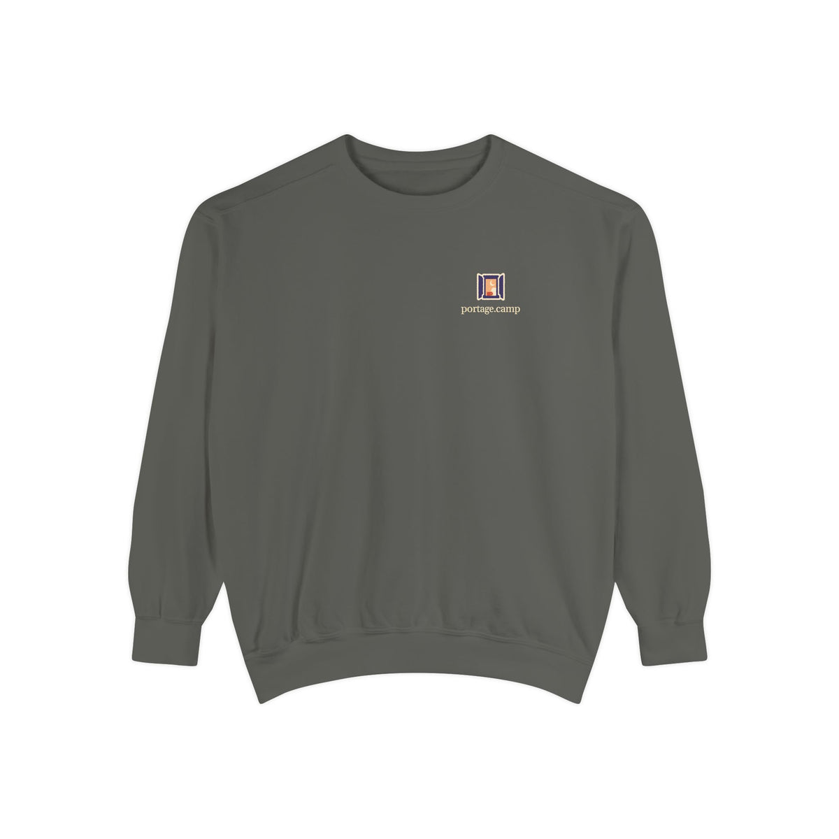 Open Late Garment-Dyed Crewneck in Pepper, front view with the Open Late logo and portage.camp on the chest. Digital product mockup.