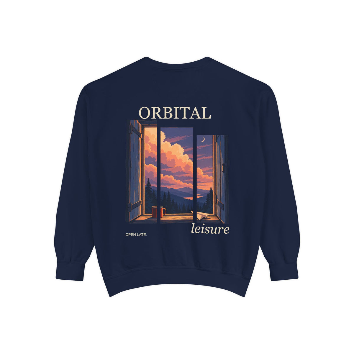 Open Late Garment-Dyed Crewneck in True Navy, back view with the large illustrated print. Digital product mockup.