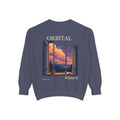 Open Late Garment-Dyed Crewneck in Denim, back view with the large illustrated print. Digital product mockup.