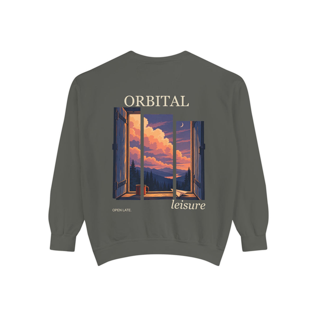 Open Late Garment-Dyed Crewneck in Pepper, back view with the large illustrated print. Digital product mockup.