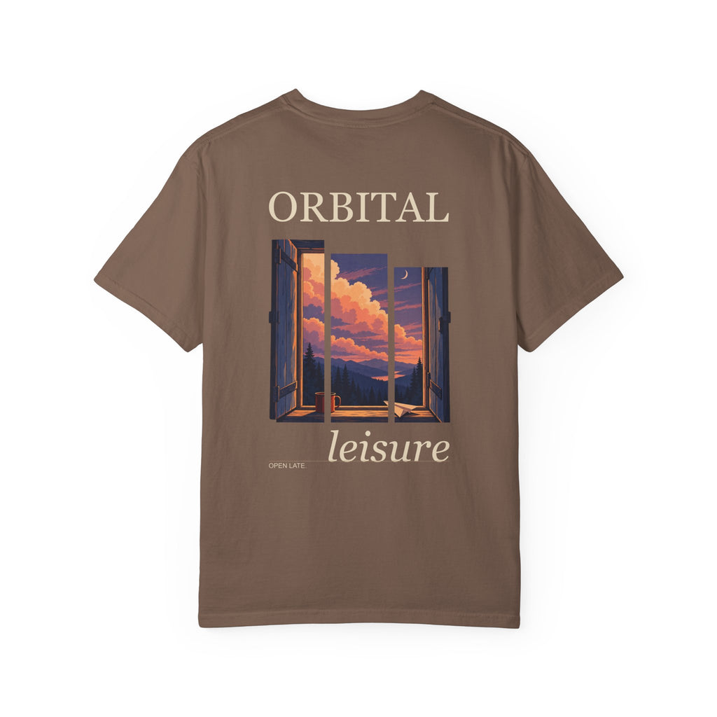 Open Late Garment-Dyed Tee in Espresso, back view with the large illustrated print. Digital product mockup.