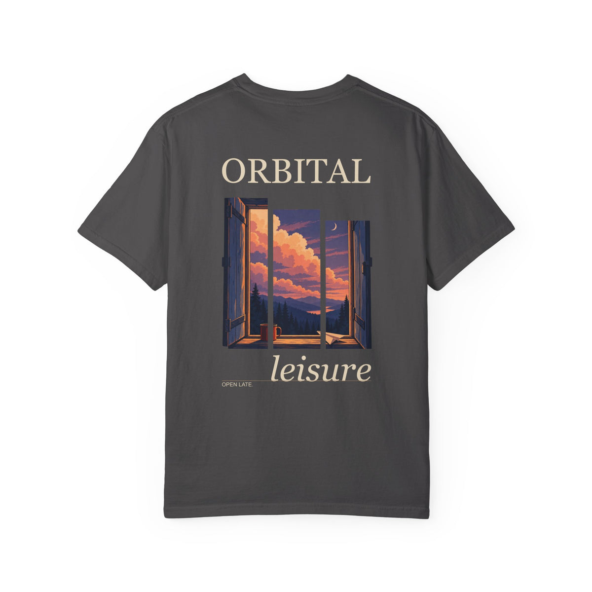 Open Late Garment-Dyed Tee in Graphite, back view with the large illustrated print. Digital product mockup.