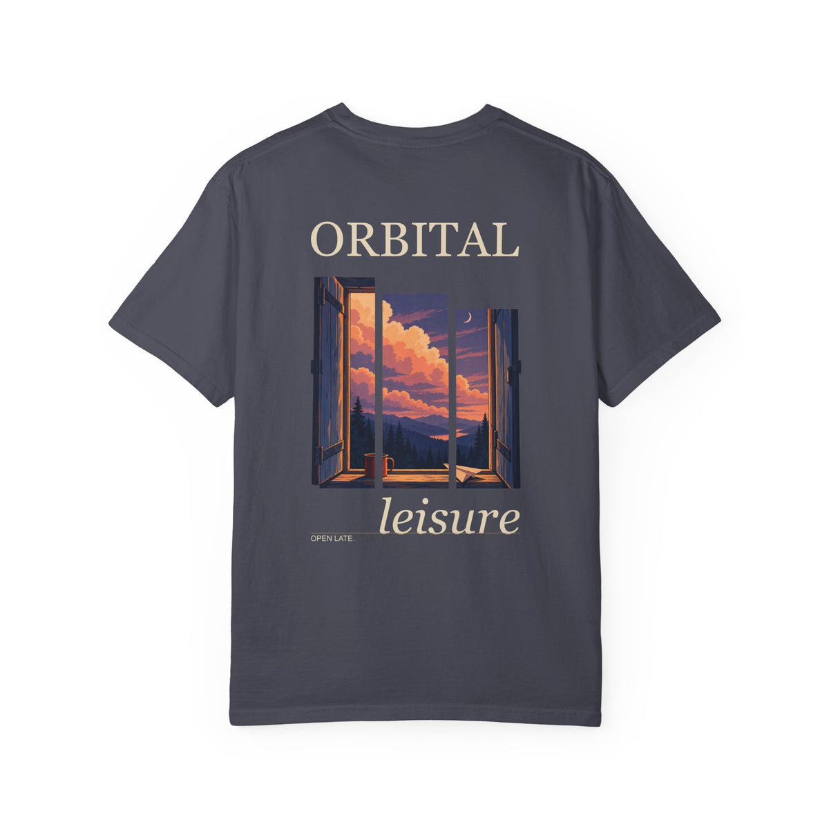 Open Late Garment-Dyed Tee in Navy, back view with the large illustrated print. Digital product mockup.