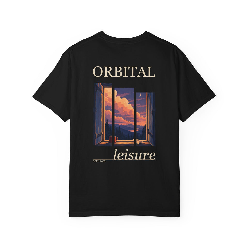 Open Late Garment-Dyed Tee in Black, back view with the large illustrated print. Digital product mockup.