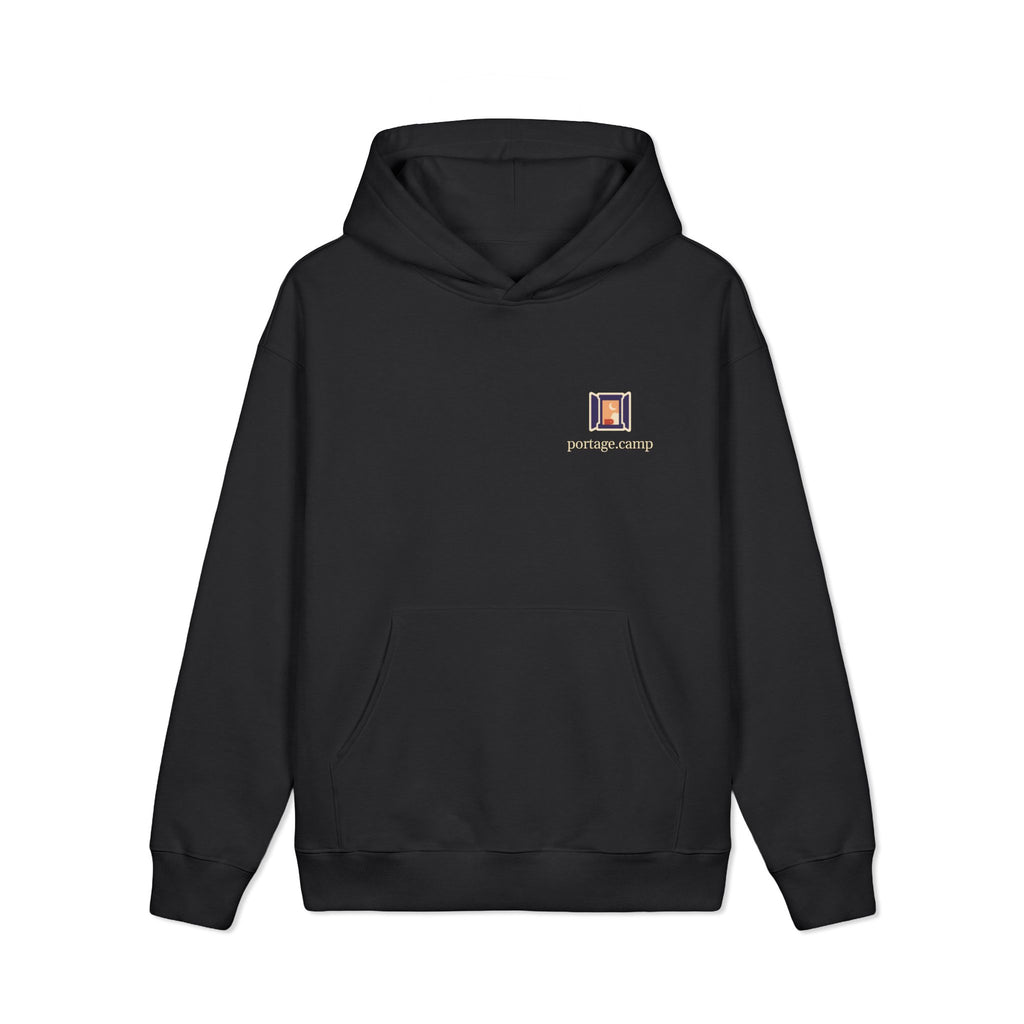 Open Late Heavyweight Hoodie in Black, front view with the Open Late logo and portage.camp on the left chest. Digital product mockup.