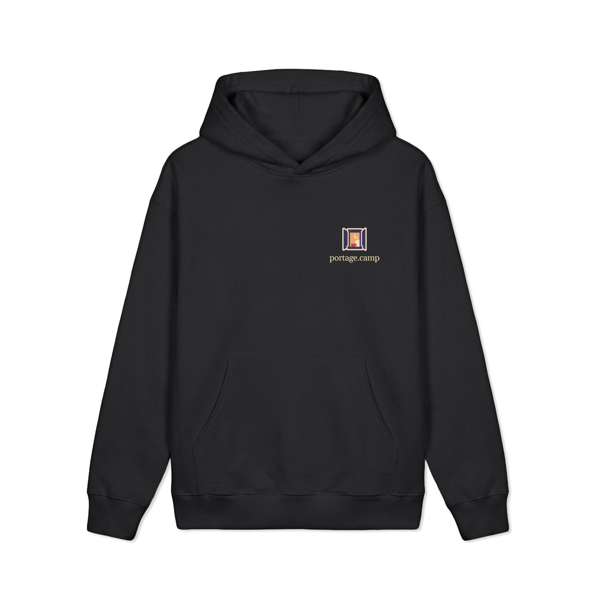 Open Late Heavyweight Hoodie in Black, front view with the Open Late logo and portage.camp on the left chest. Digital product mockup.