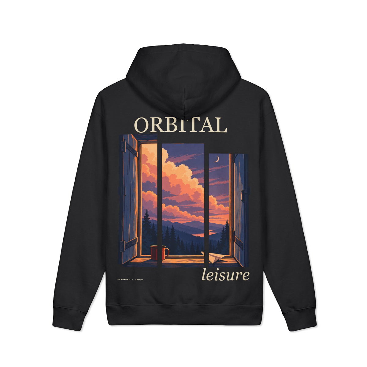 Open Late Heavyweight Hoodie in Black, back view with the large illustrated print. Digital product mockup.
