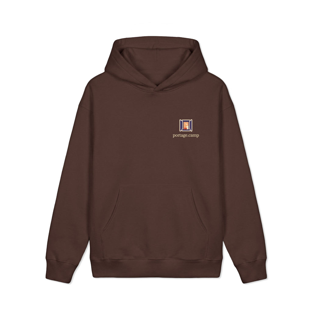 Open Late Heavyweight Hoodie in Brown, front view with the Open Late logo and portage.camp on the left chest. Digital product mockup.