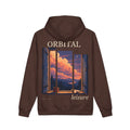 Open Late Heavyweight Hoodie in Brown, back view with the large illustrated print. Digital product mockup.