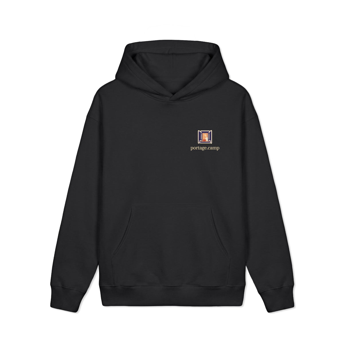 Open Late Heavyweight Hoodie in Black, front view with the Open Late logo and portage.camp on the left chest. Digital product mockup.