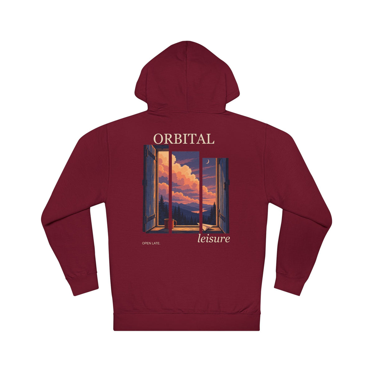 Open Late Midweight Hoodie in Maroon, back view with the large illustrated print. Digital product mockup.