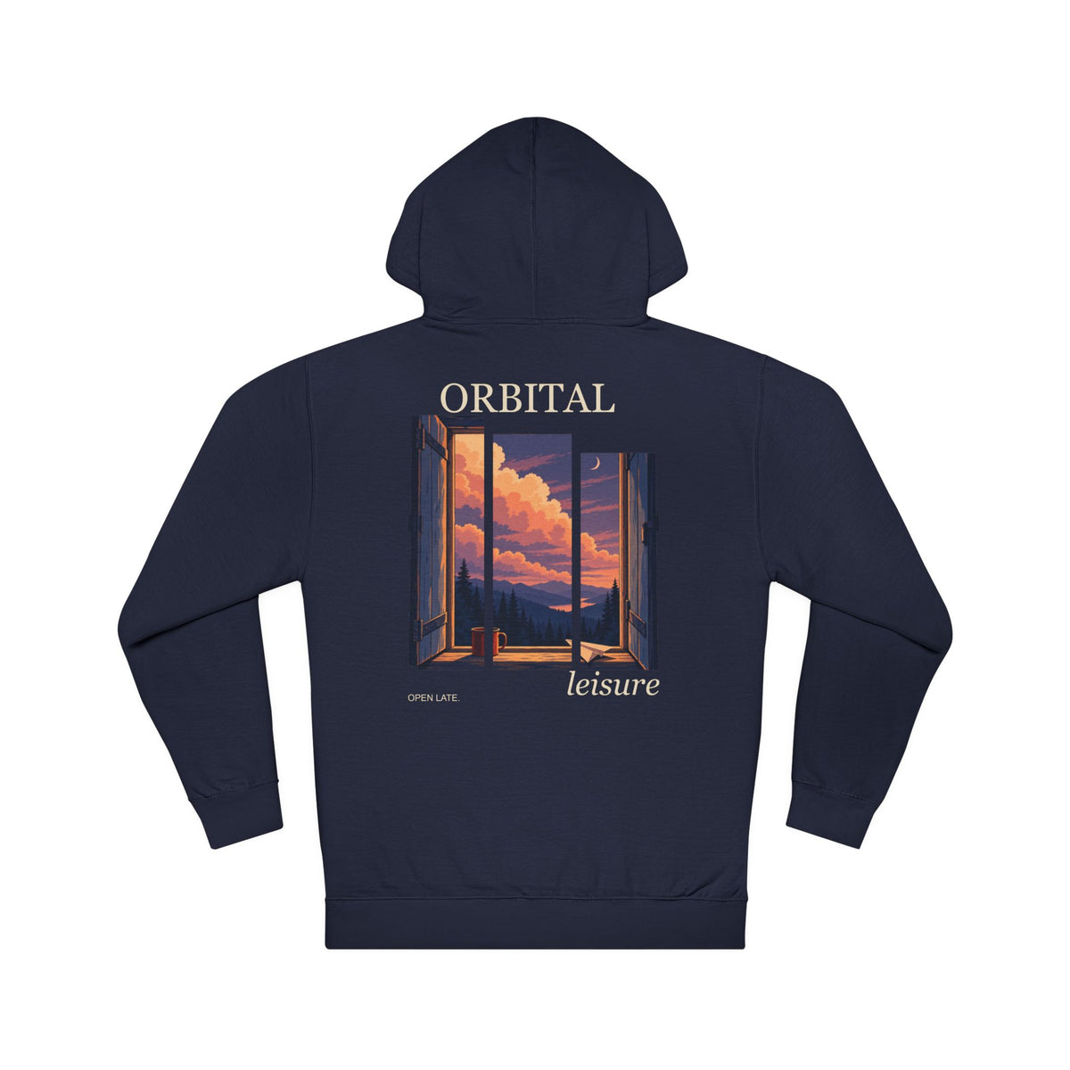 Open Late Midweight Hoodie in Classic Navy, back view with the large illustrated print. Digital product mockup.