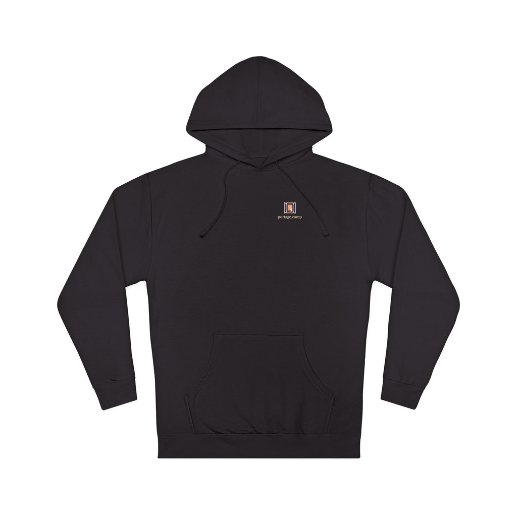 Open Late Midweight Hoodie in Black, front view with the Open Late logo and portage.camp on the chest. Digital product mockup.