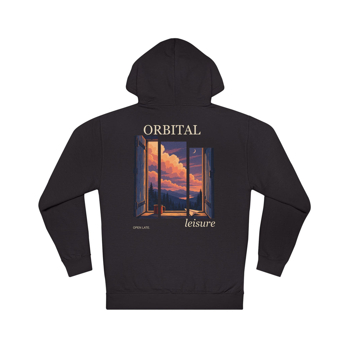 Open Late Midweight Hoodie in Black, back view with the large illustrated print. Digital product mockup.