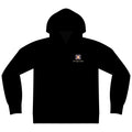 Open Late Zip Hoodie in Black, front view with the Open Late logo and portage.camp on the left chest. Digital product mockup.