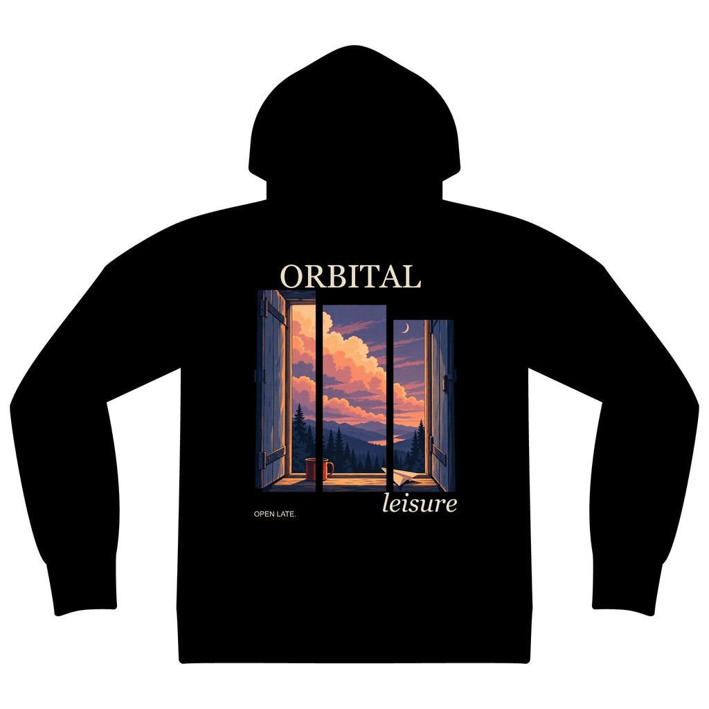 Open Late Zip Hoodie in Black, back view with the large illustrated print. Digital product mockup.
