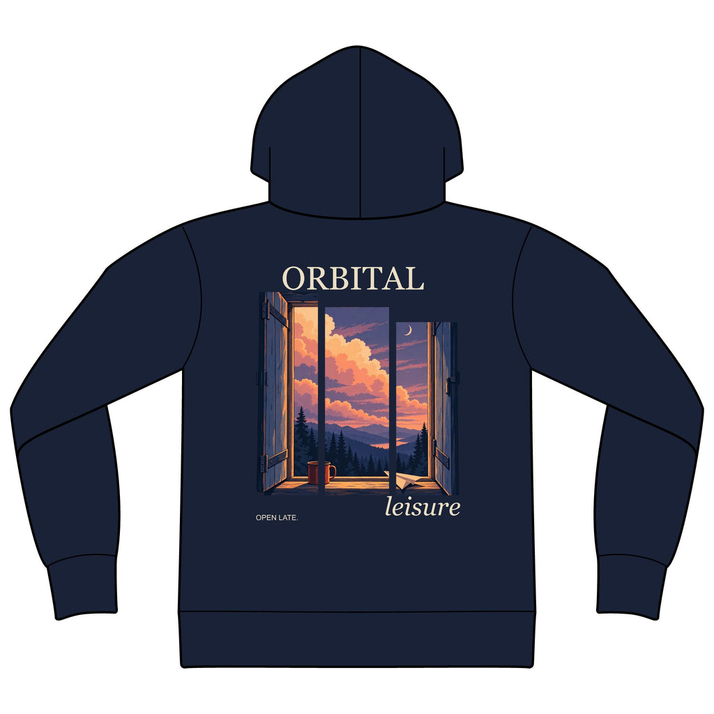 Open Late Zip Hoodie in Navy, back view with the large illustrated print. Digital product mockup.