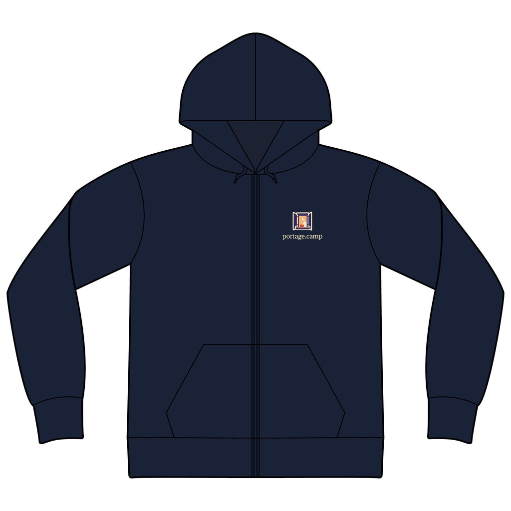 Open Late Zip Hoodie in Navy, front view with the Open Late logo and portage.camp on the left chest. Digital product mockup.