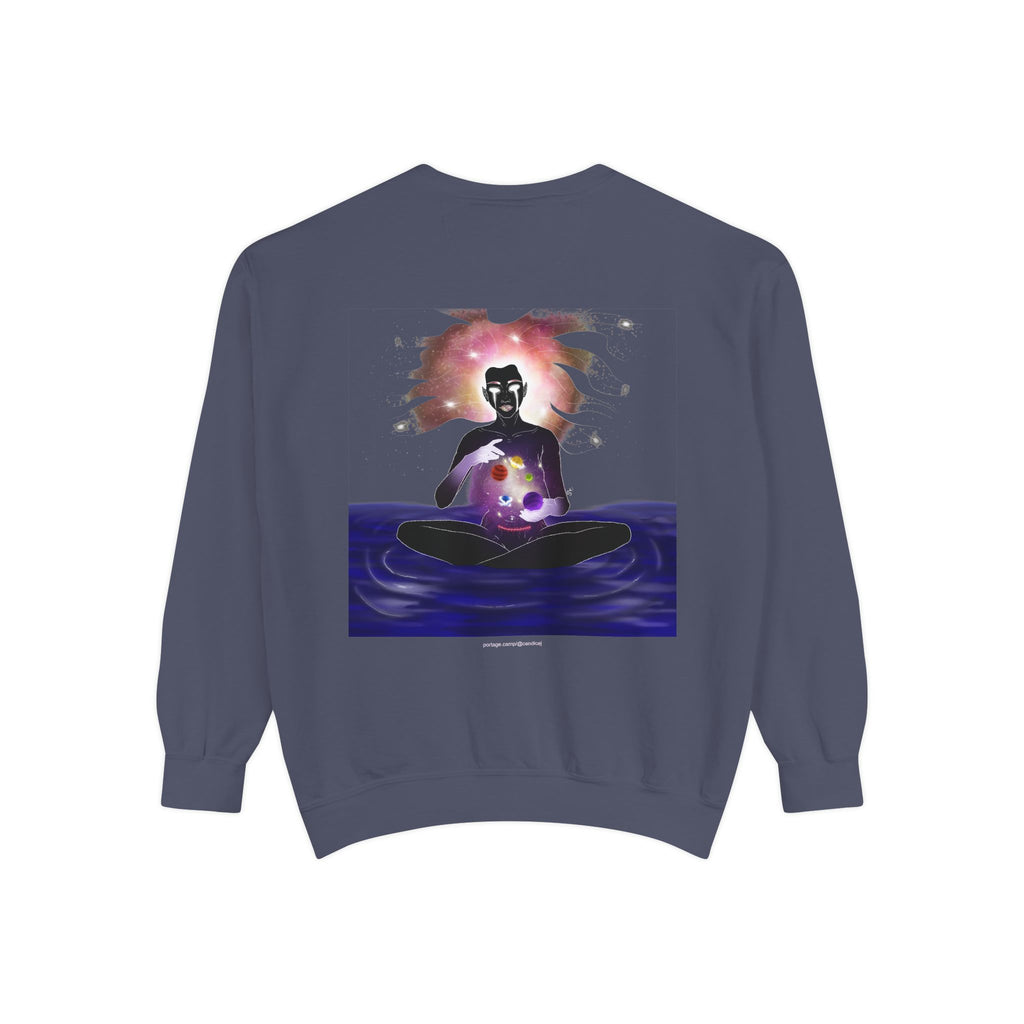 Orbit Keeper Garment-Dyed Crewneck in Denim, back view with the large illustrated print. Digital product mockup.