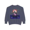 Orbit Keeper Garment-Dyed Crewneck in Denim, back view with the large illustrated print. Digital product mockup.