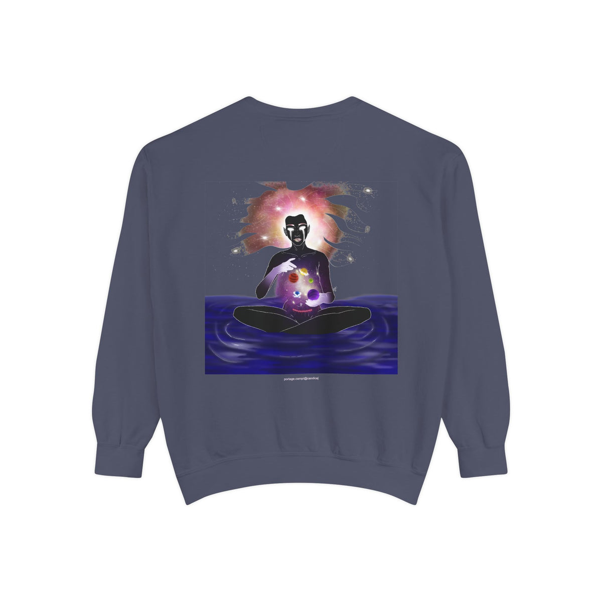 Orbit Keeper Garment-Dyed Crewneck in Denim, back view with the large illustrated print. Digital product mockup.