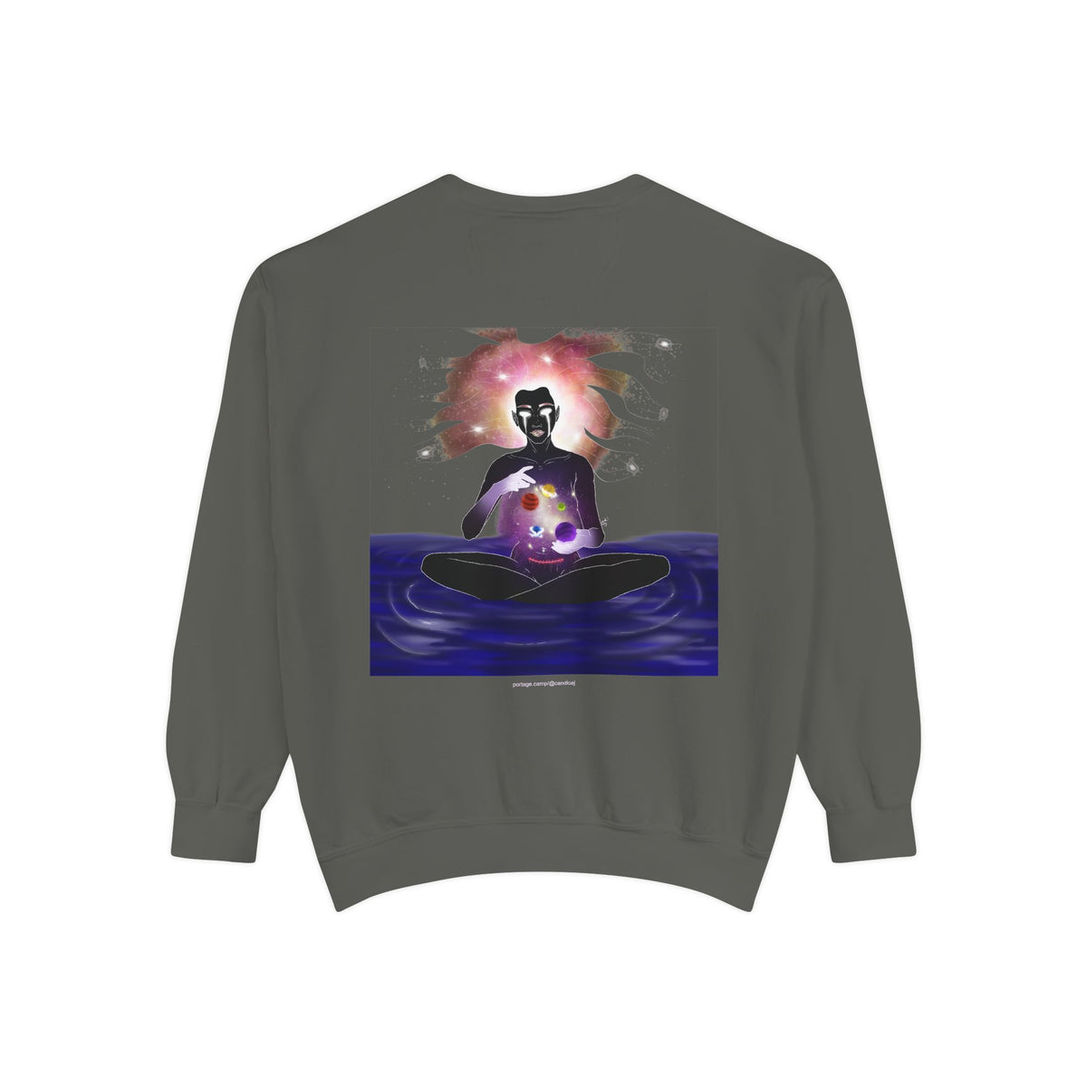 Orbit Keeper Garment-Dyed Crewneck in Pepper, back view with the large illustrated print. Digital product mockup.