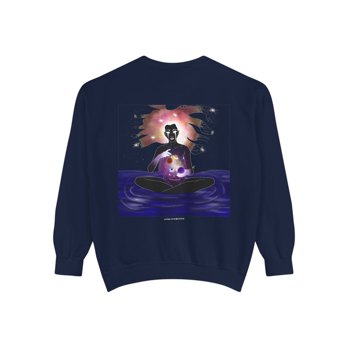 Orbit Keeper Garment-Dyed Crewneck in True Navy, back view with the large illustrated print. Digital product mockup.