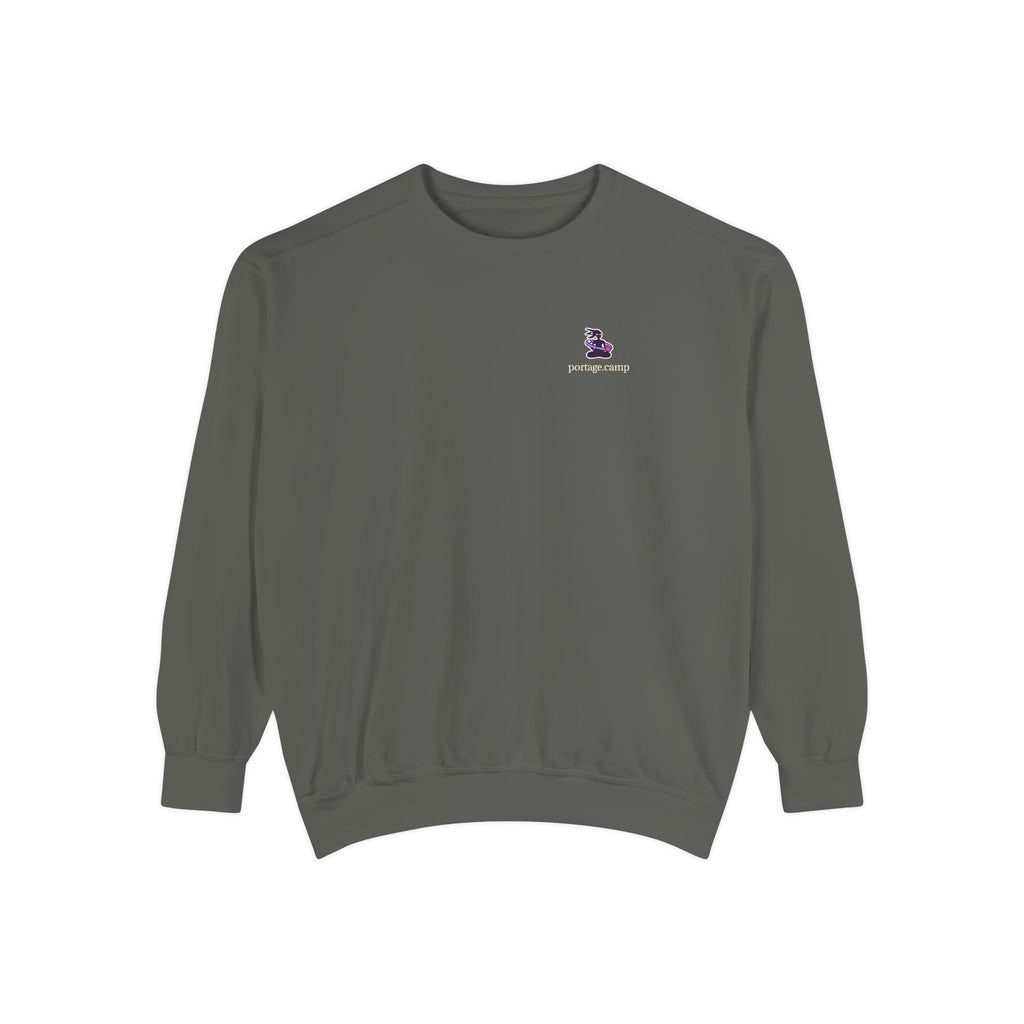 Orbit Keeper Garment-Dyed Crewneck in Pepper, front view with the Orbit Keeper logo and portage.camp on the chest. Digital product mockup.