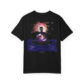 Orbit Keeper Garment-Dyed Tee in Black, back view with the large illustrated print. Digital product mockup.