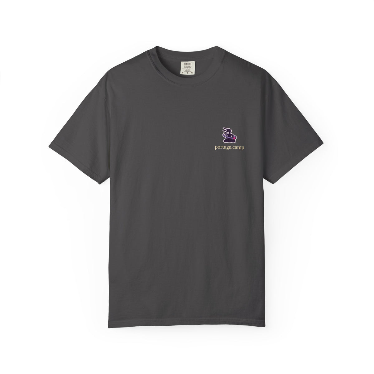 Orbit Keeper Garment-Dyed Tee in Graphite, front view with the Orbit Keeper logo and portage.camp on the chest. Digital product mockup.