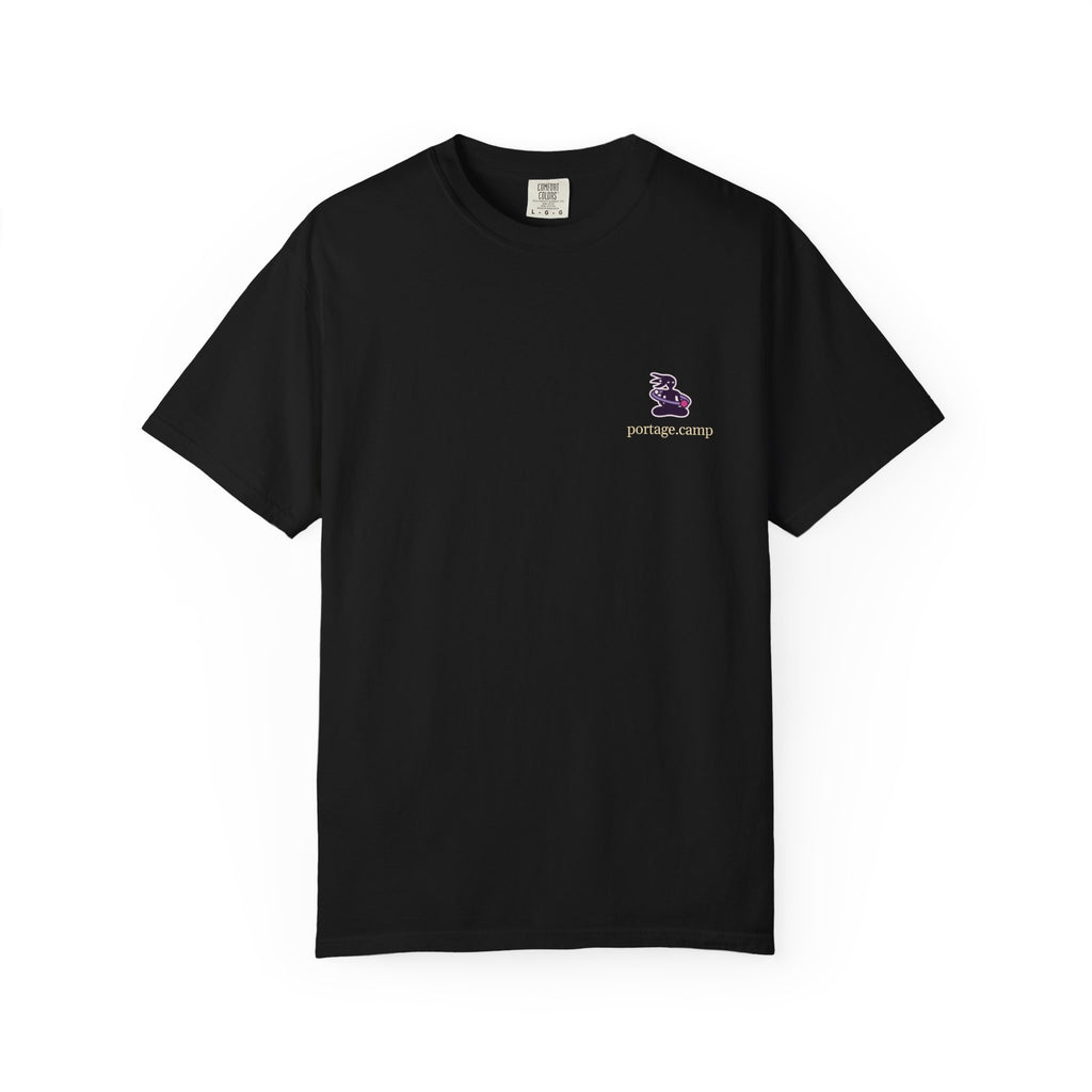 Orbit Keeper Garment-Dyed Tee in Black, front view with the Orbit Keeper logo and portage.camp on the chest. Digital product mockup.