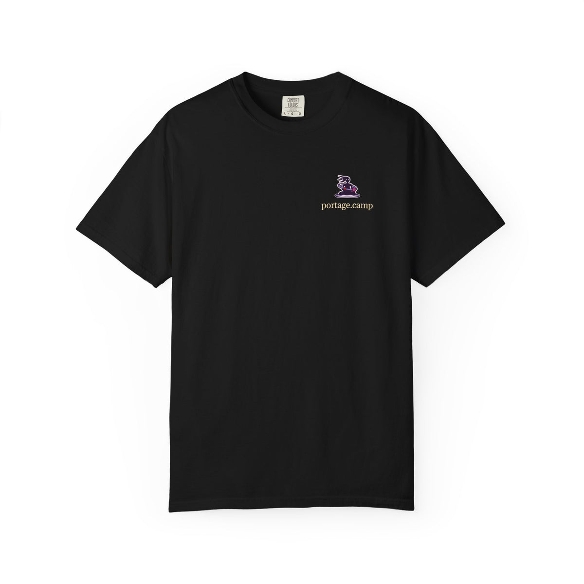 Orbit Keeper Garment-Dyed Tee in Black, front view with the Orbit Keeper logo and portage.camp on the chest. Digital product mockup.