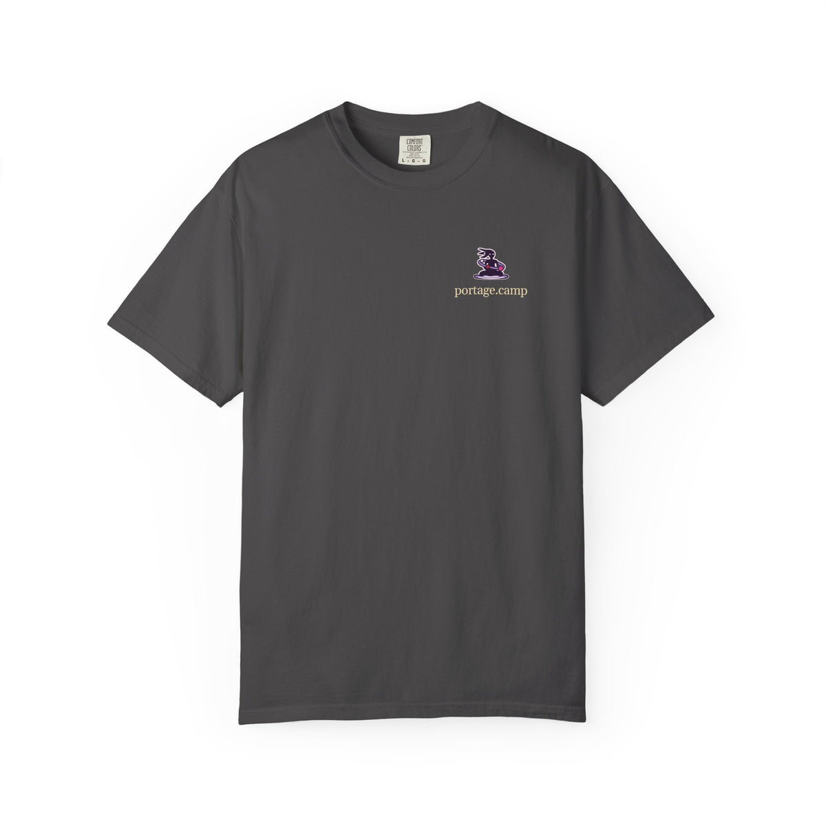Orbit Keeper Garment-Dyed Tee in Graphite, front view with the Orbit Keeper logo and portage.camp on the chest. Digital product mockup.