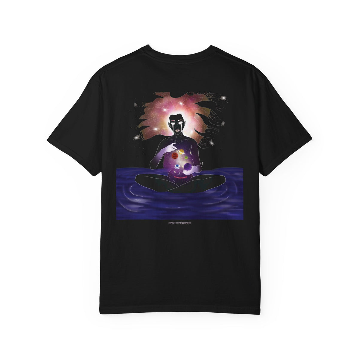 Orbit Keeper Garment-Dyed Tee in Black, back view with the large illustrated print. Digital product mockup.