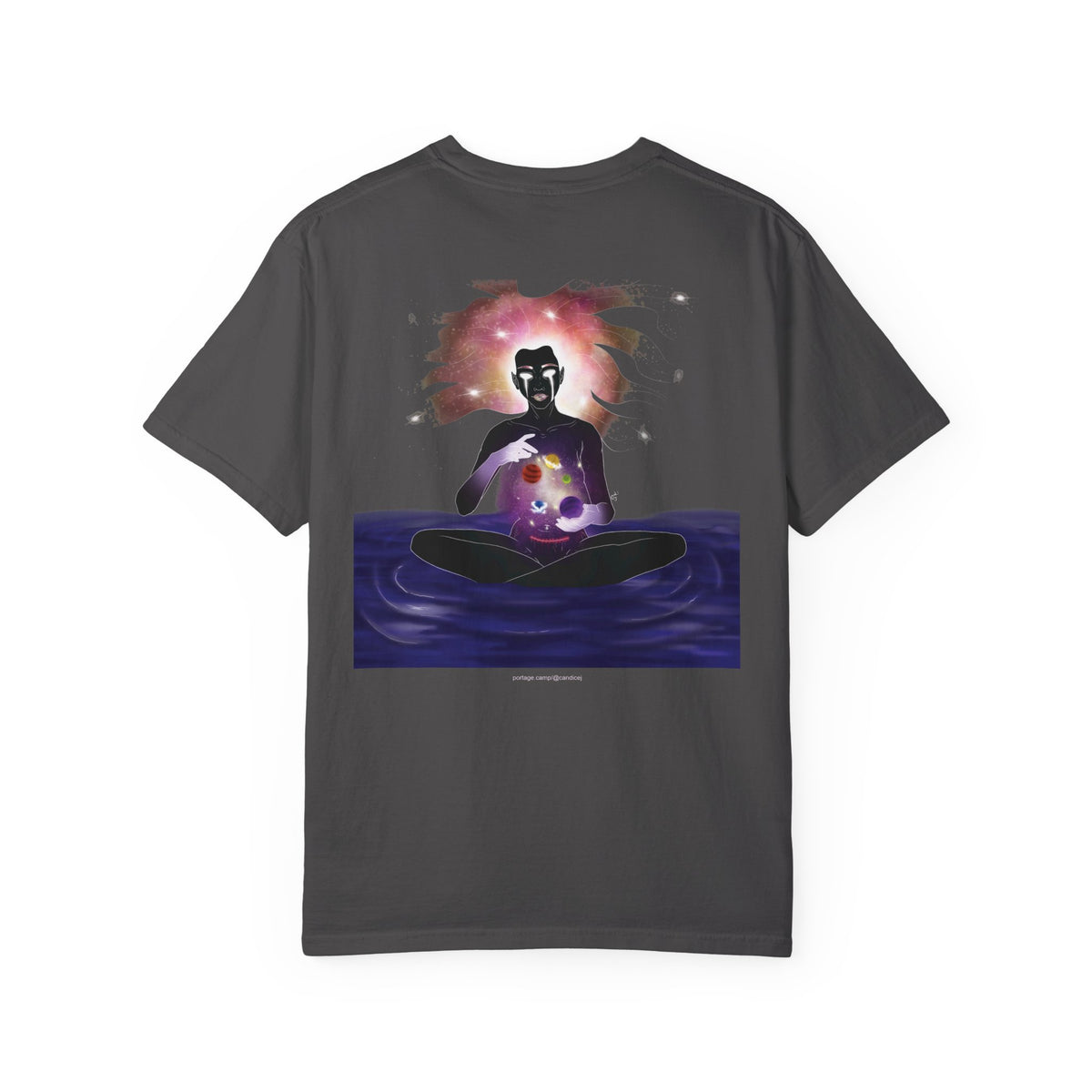 Orbit Keeper Garment-Dyed Tee in Graphite, back view with the large illustrated print. Digital product mockup.