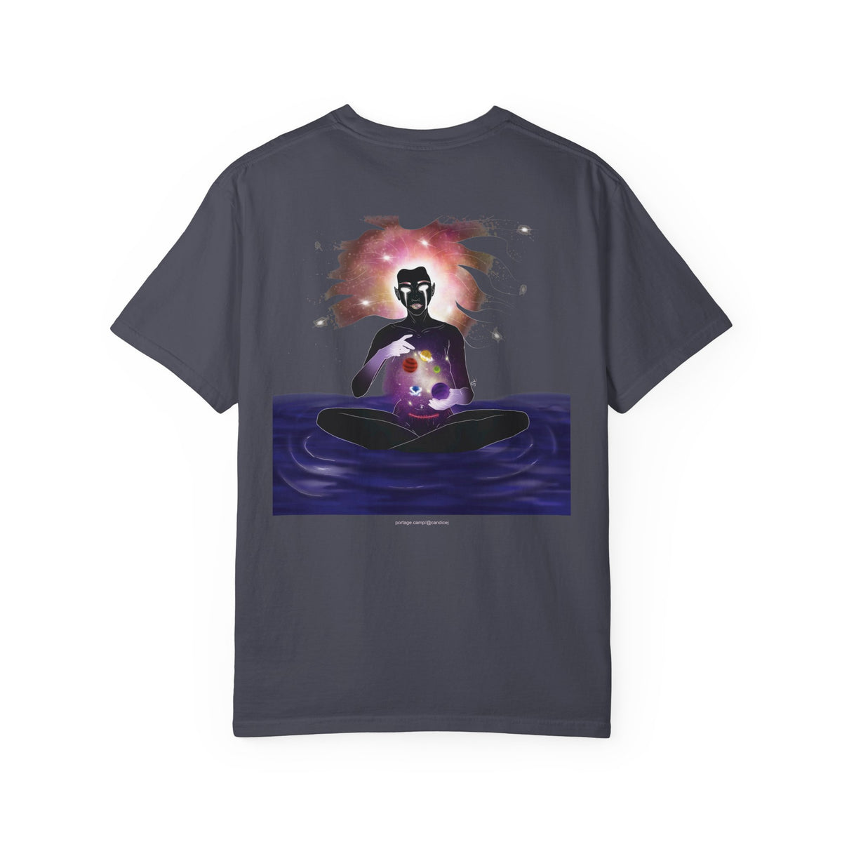 Orbit Keeper Garment-Dyed Tee in Navy, back view with the large illustrated print. Digital product mockup.