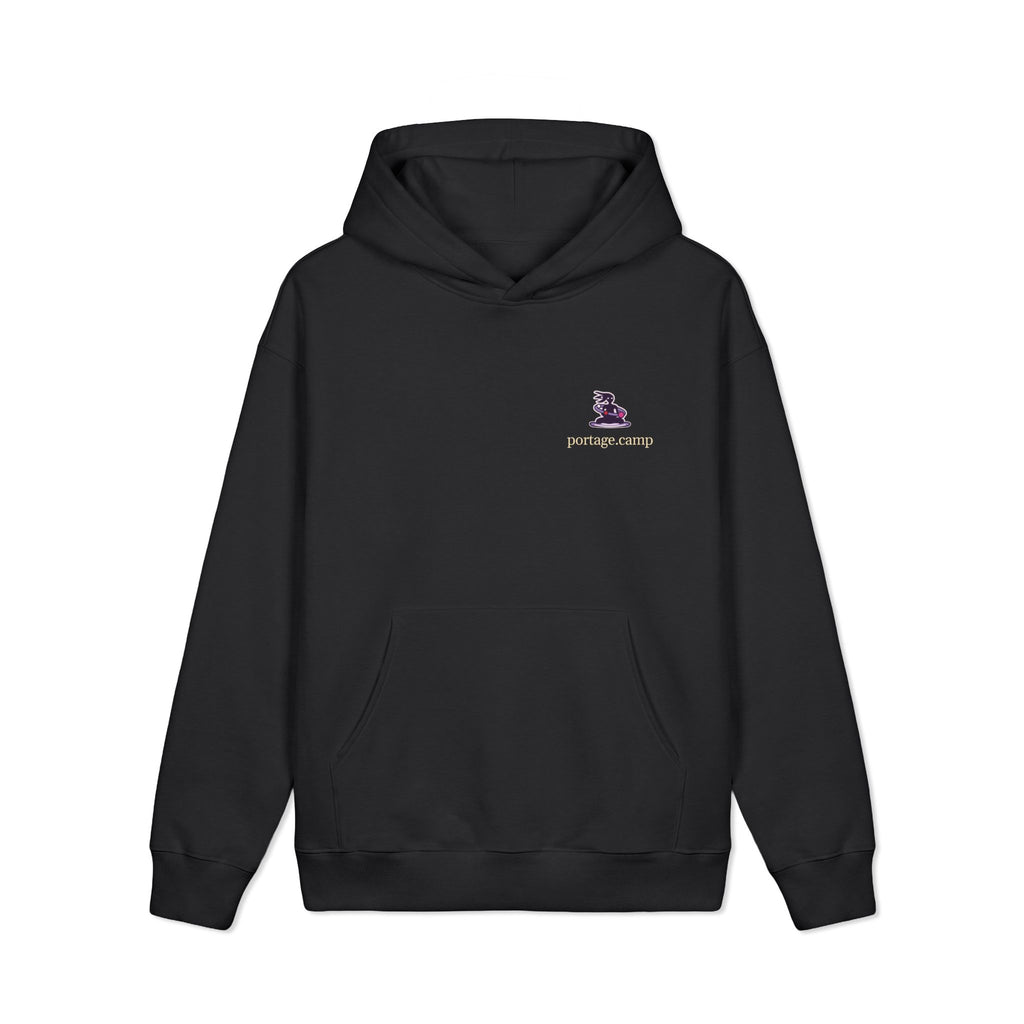 Orbit Keeper Heavyweight Hoodie in Black, front view with the Orbit Keeper logo and portage.camp on the left chest. Digital product mockup.