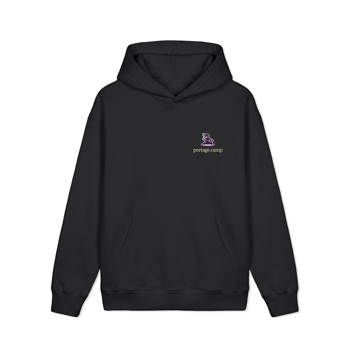 Orbit Keeper Heavyweight Hoodie in Black, front view with the Orbit Keeper logo and portage.camp on the left chest. Digital product mockup.