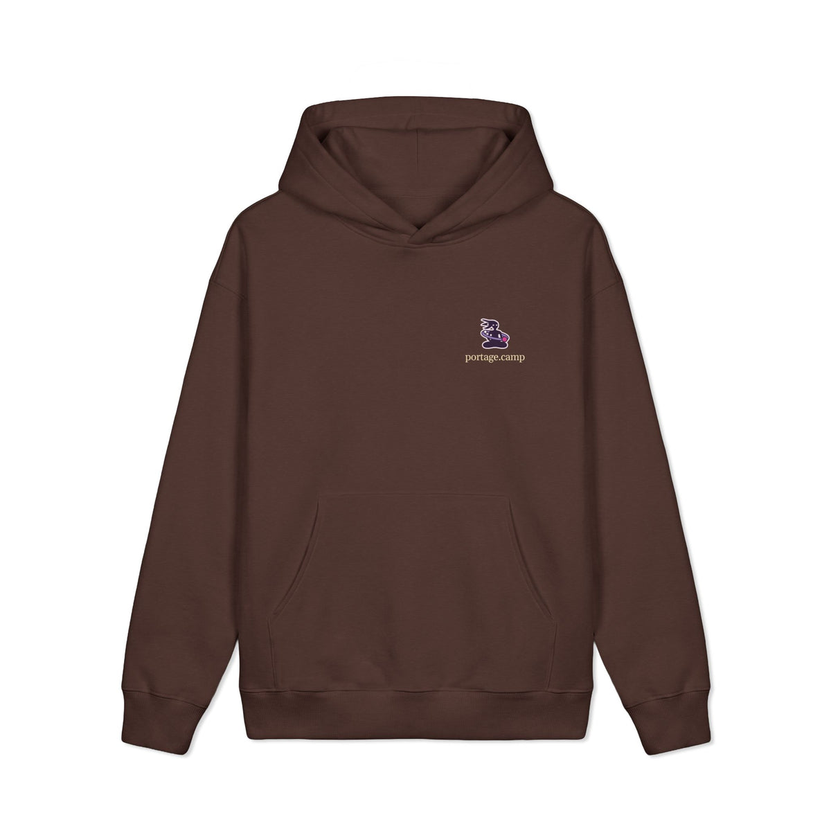 Orbit Keeper Heavyweight Hoodie in Brown, front view with the Orbit Keeper logo and portage.camp on the left chest. Digital product mockup.