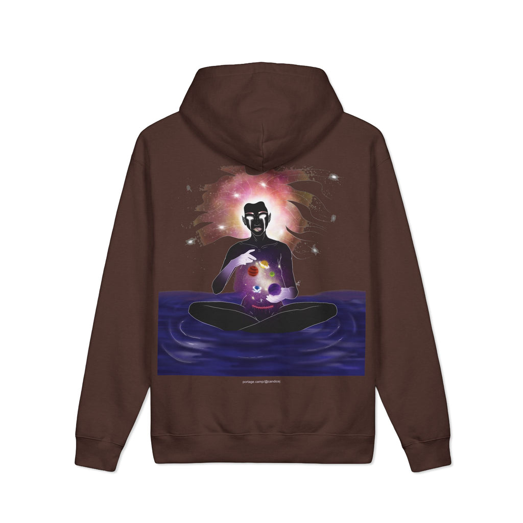 Orbit Keeper Heavyweight Hoodie in Brown, back view with the large illustrated print. Digital product mockup.