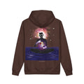Orbit Keeper Heavyweight Hoodie in Brown, back view with the large illustrated print. Digital product mockup.
