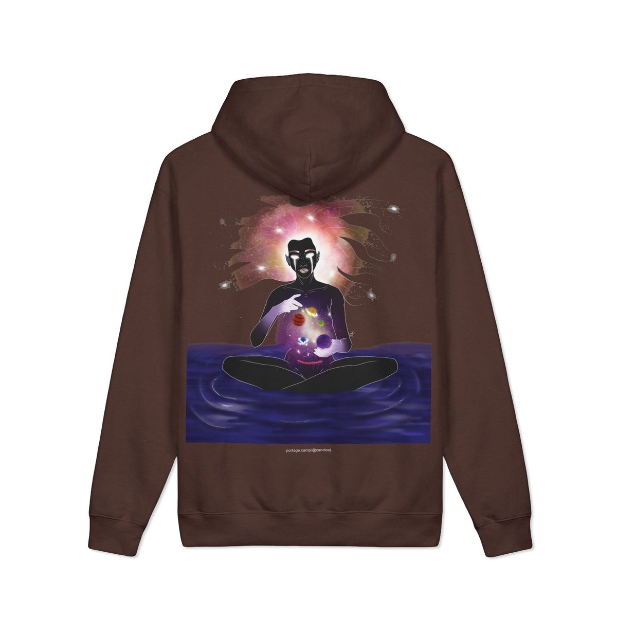 Orbit Keeper Heavyweight Hoodie in Brown, back view with the large illustrated print. Digital product mockup.