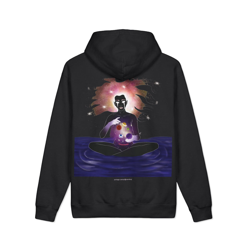 Orbit Keeper Heavyweight Hoodie in Black, back view with the large illustrated print. Digital product mockup.