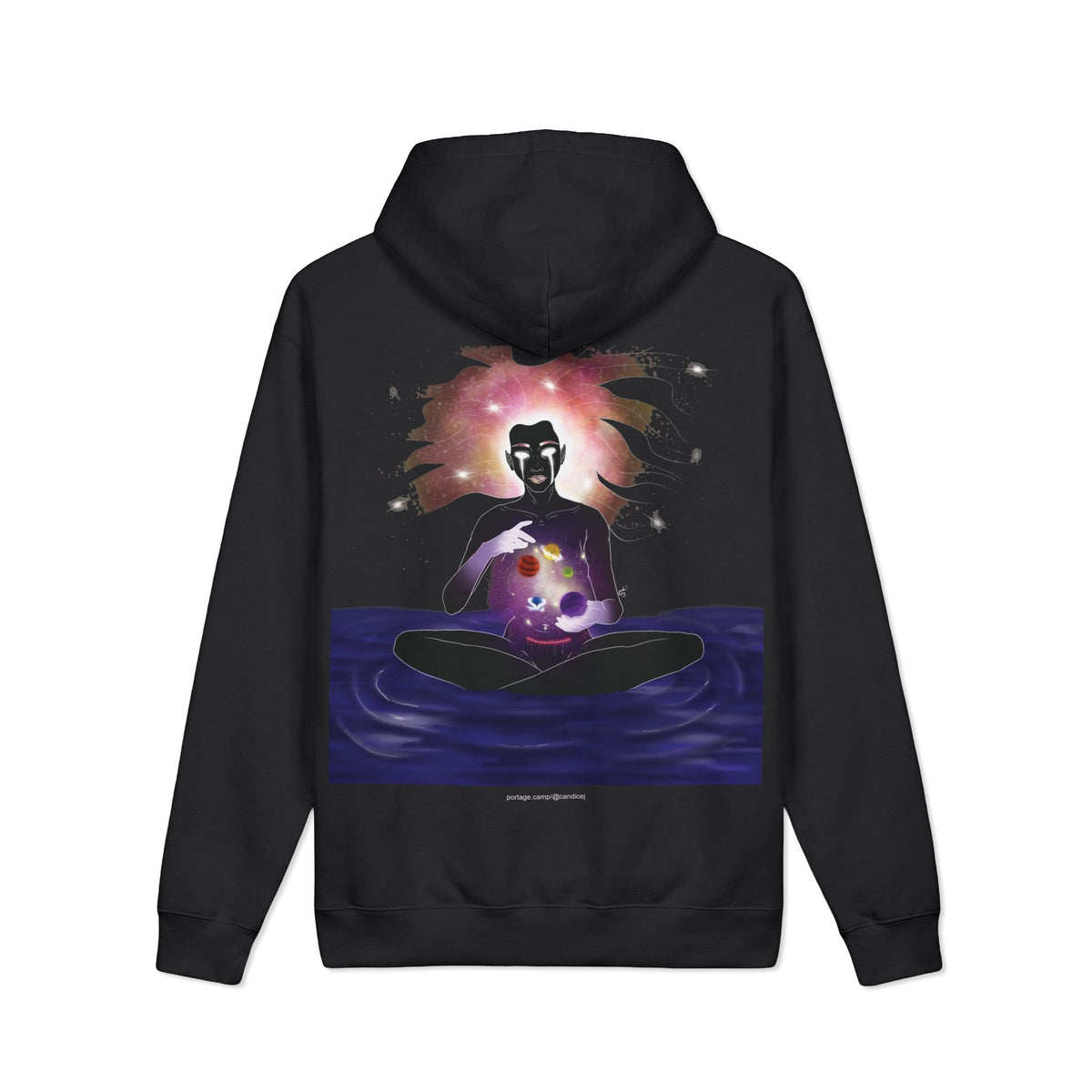Orbit Keeper Heavyweight Hoodie in Black, back view with the large illustrated print. Digital product mockup.