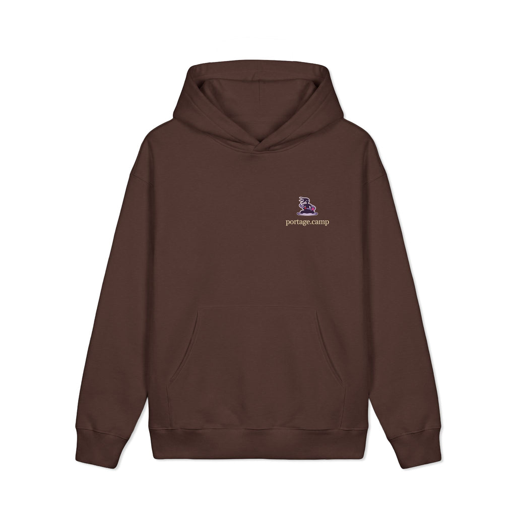 Orbit Keeper Heavyweight Hoodie in Brown, front view with the Orbit Keeper logo and portage.camp on the left chest. Digital product mockup.