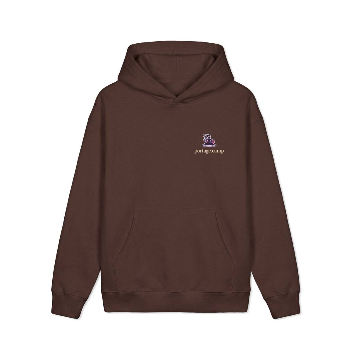 Orbit Keeper Heavyweight Hoodie in Brown, front view with the Orbit Keeper logo and portage.camp on the left chest. Digital product mockup.